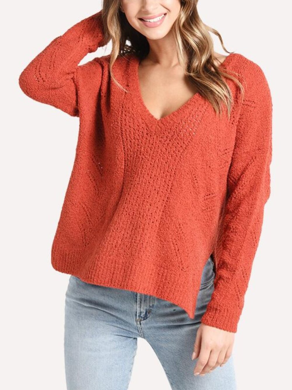 Cupcakes & Cashmere Red Chenille Open Knit V-Neck Maj Sweater Medium